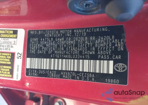 2020 Toyota Camry Se from USA, damaged, VIN 4T1G11AK6LU334415